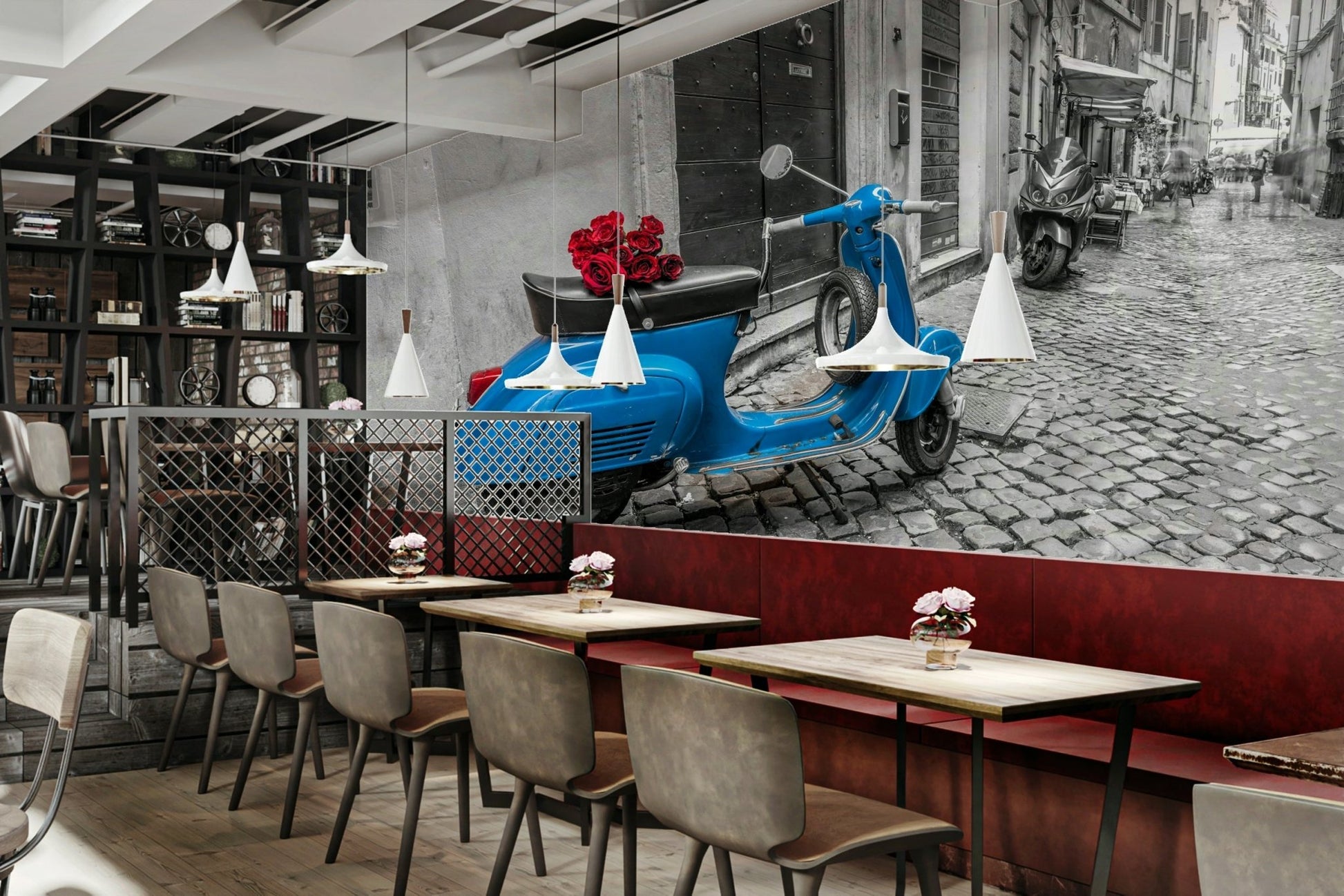 The scene is set on a narrow, European street.

