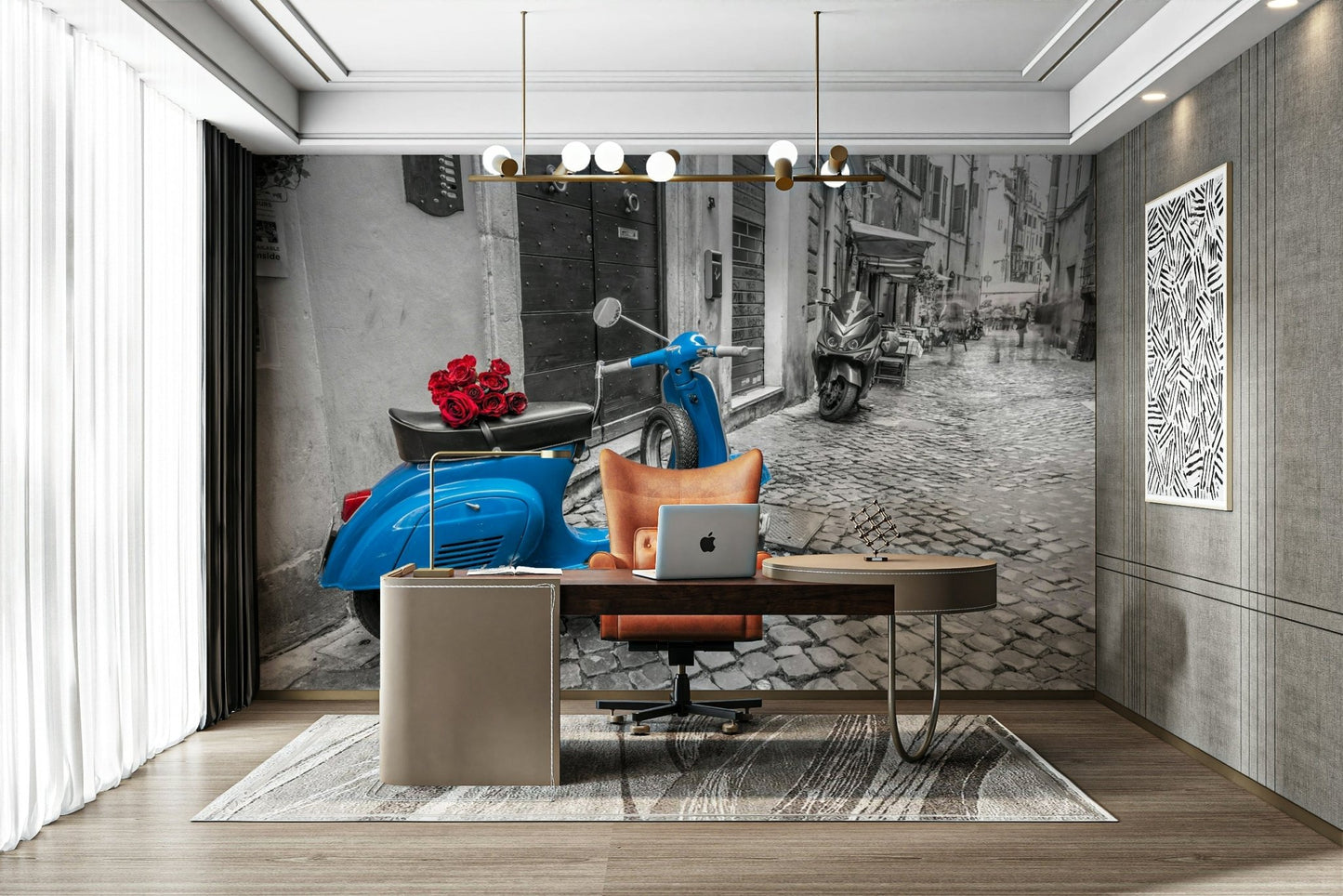 Other scooters and building doors are in the background.

