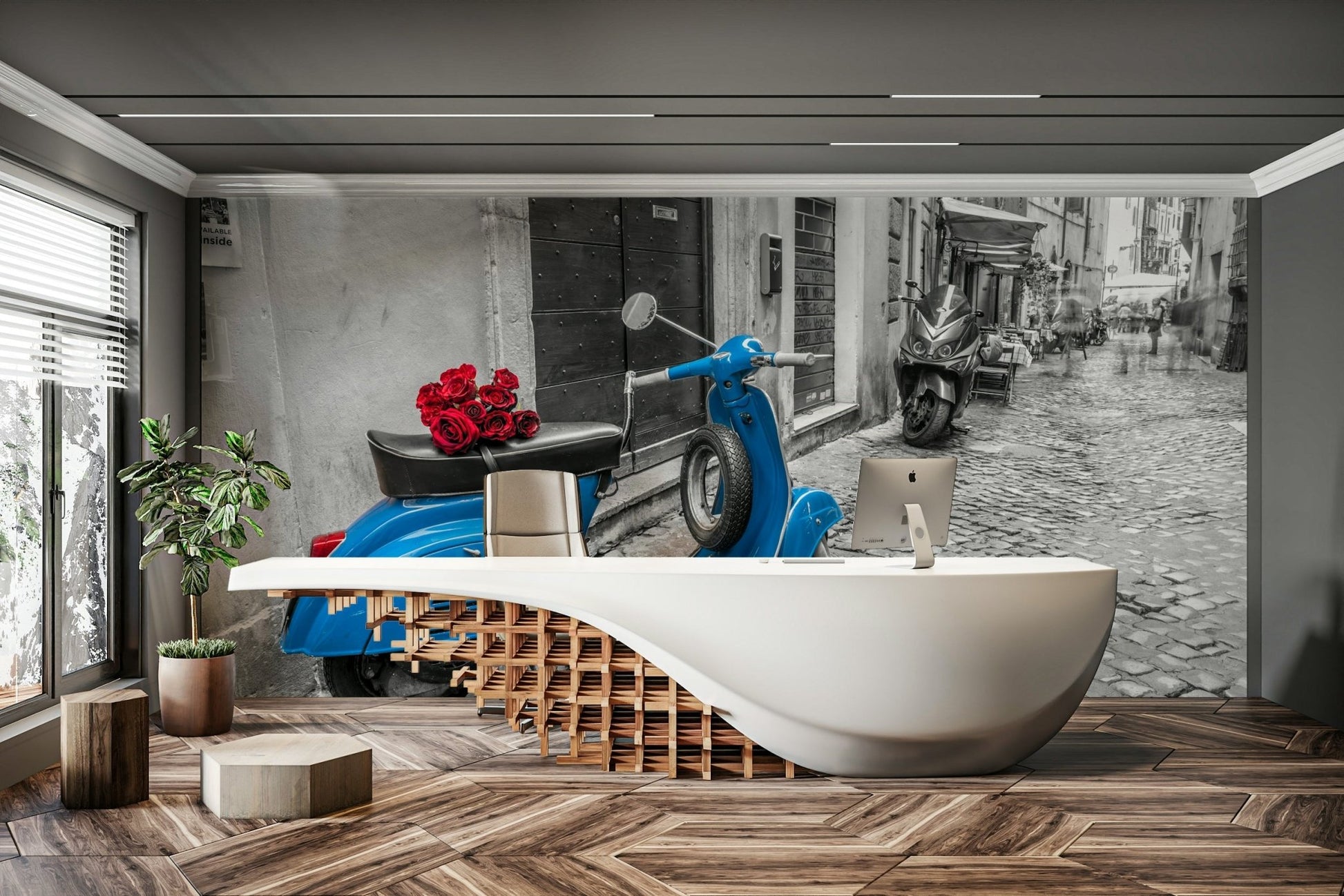 A bouquet of red roses is on the scooter's seat.

