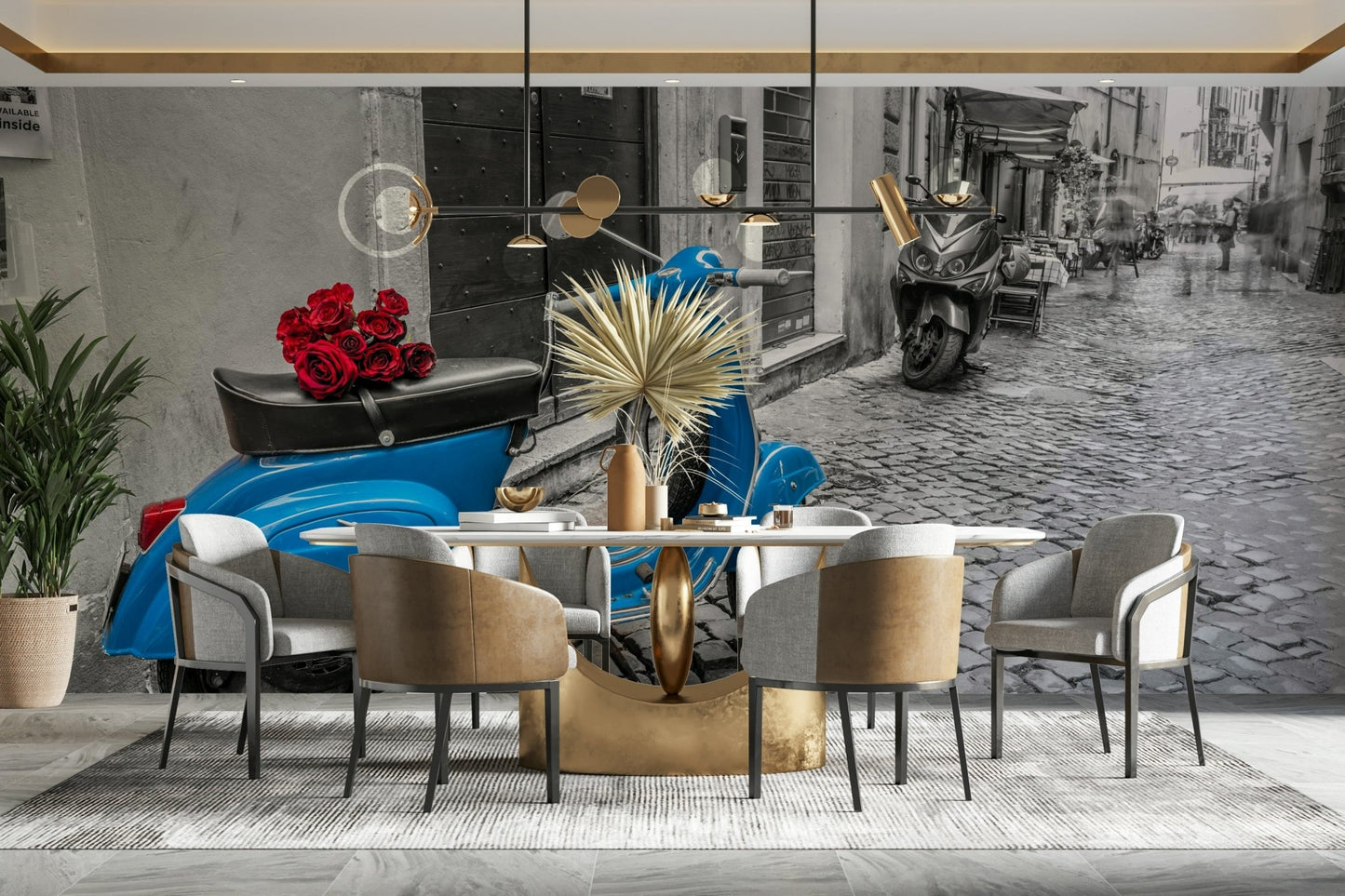 The scooter is the only vibrant color in the image.

