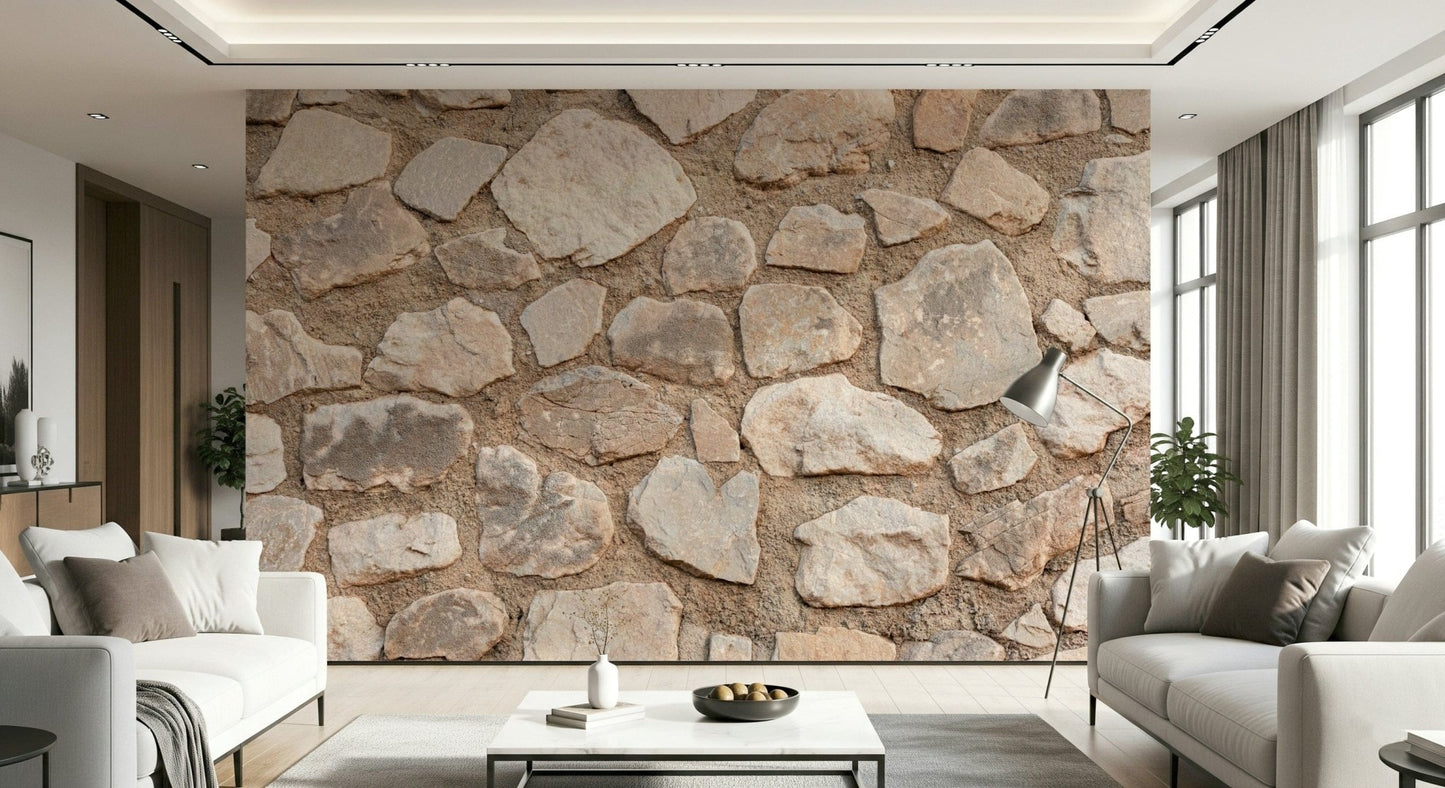 Old World Stone Wall Mural in a cozy rustic living room setting.