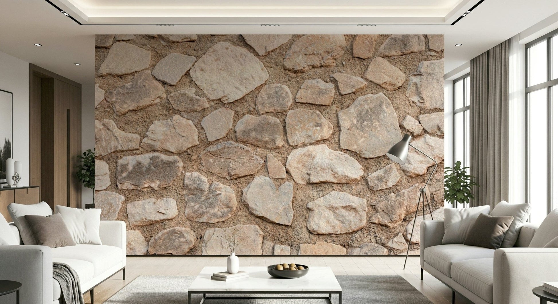 Old World Stone Wall Mural in a cozy rustic living room setting.