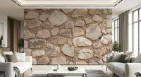 Old World Stone Wall Mural in a cozy rustic living room setting.