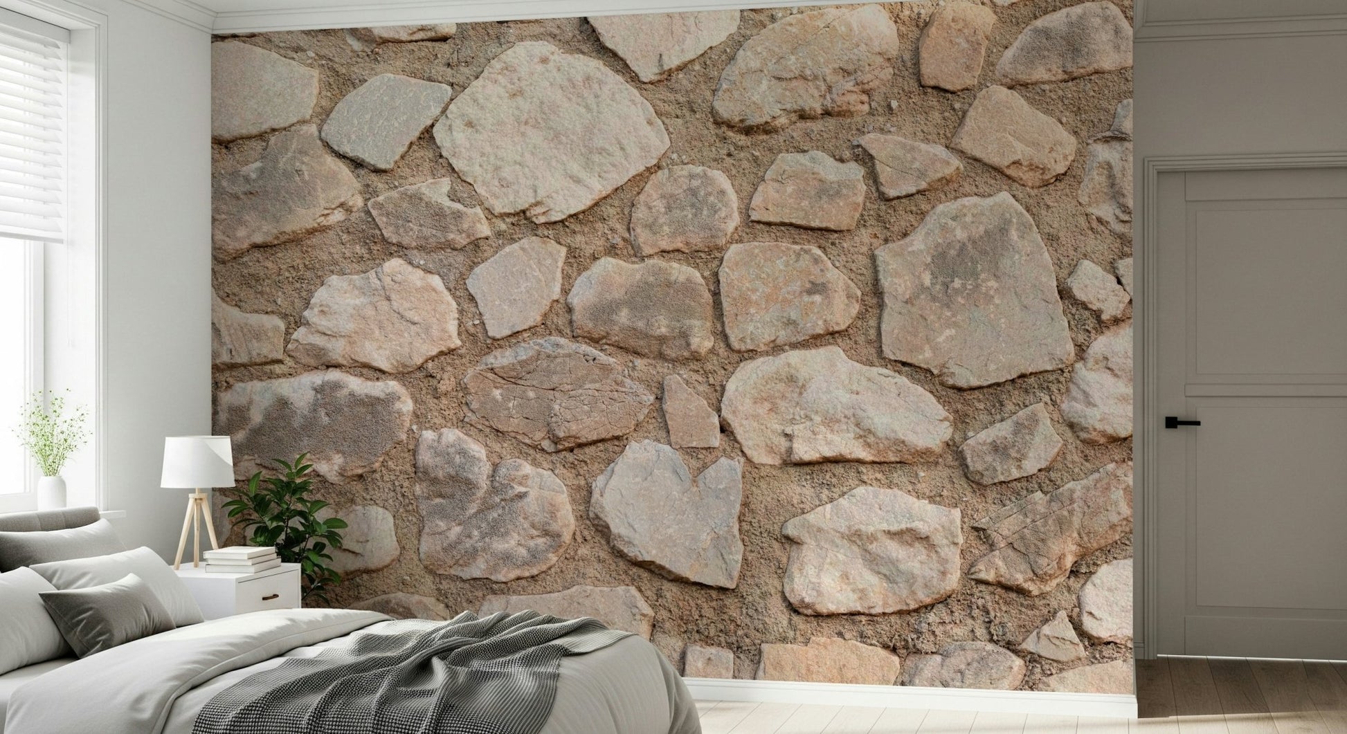Warm, natural lighting highlighting the Old World Stone Wall Mural.