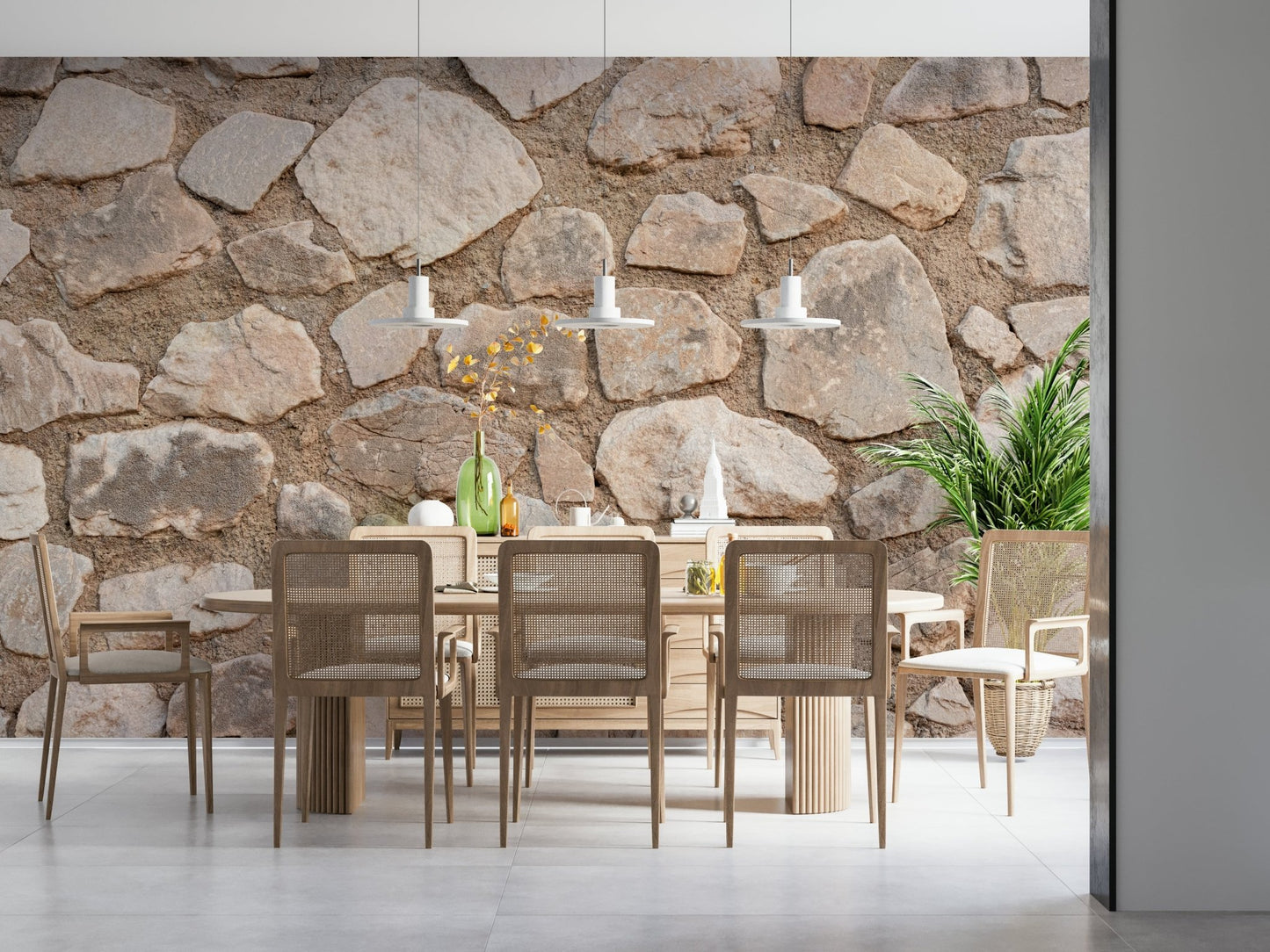 Old World Stone Wall Mural providing depth in a home library.