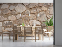 Old World Stone Wall Mural providing depth in a home library.