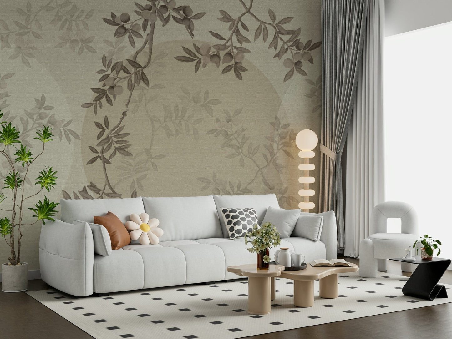 Olive Branch Serenity wall mural with delicate branches in a dining area.