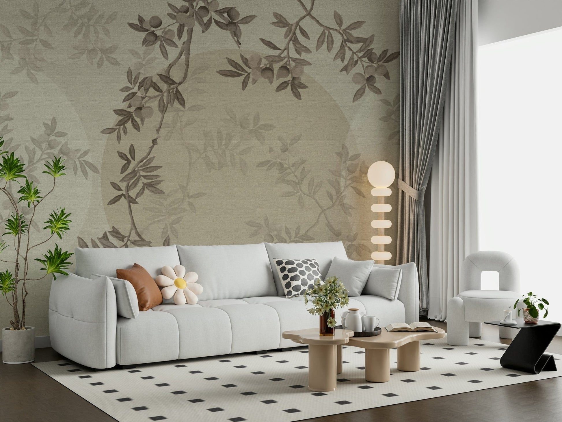 Olive Branch Serenity wall mural with delicate branches in a dining area.