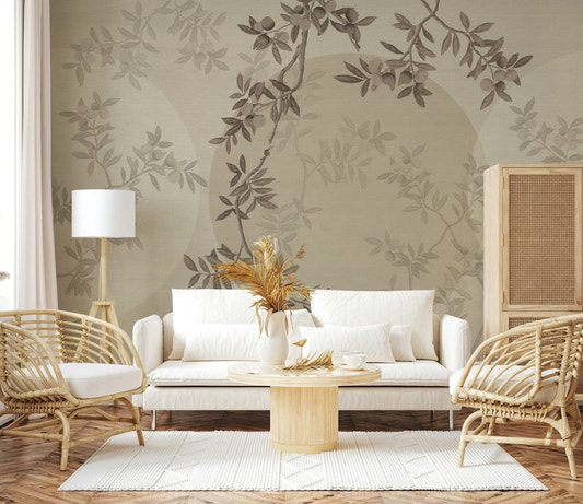 Minimalist bedroom featuring a soft Olive Branch Serenity wallpaper.
