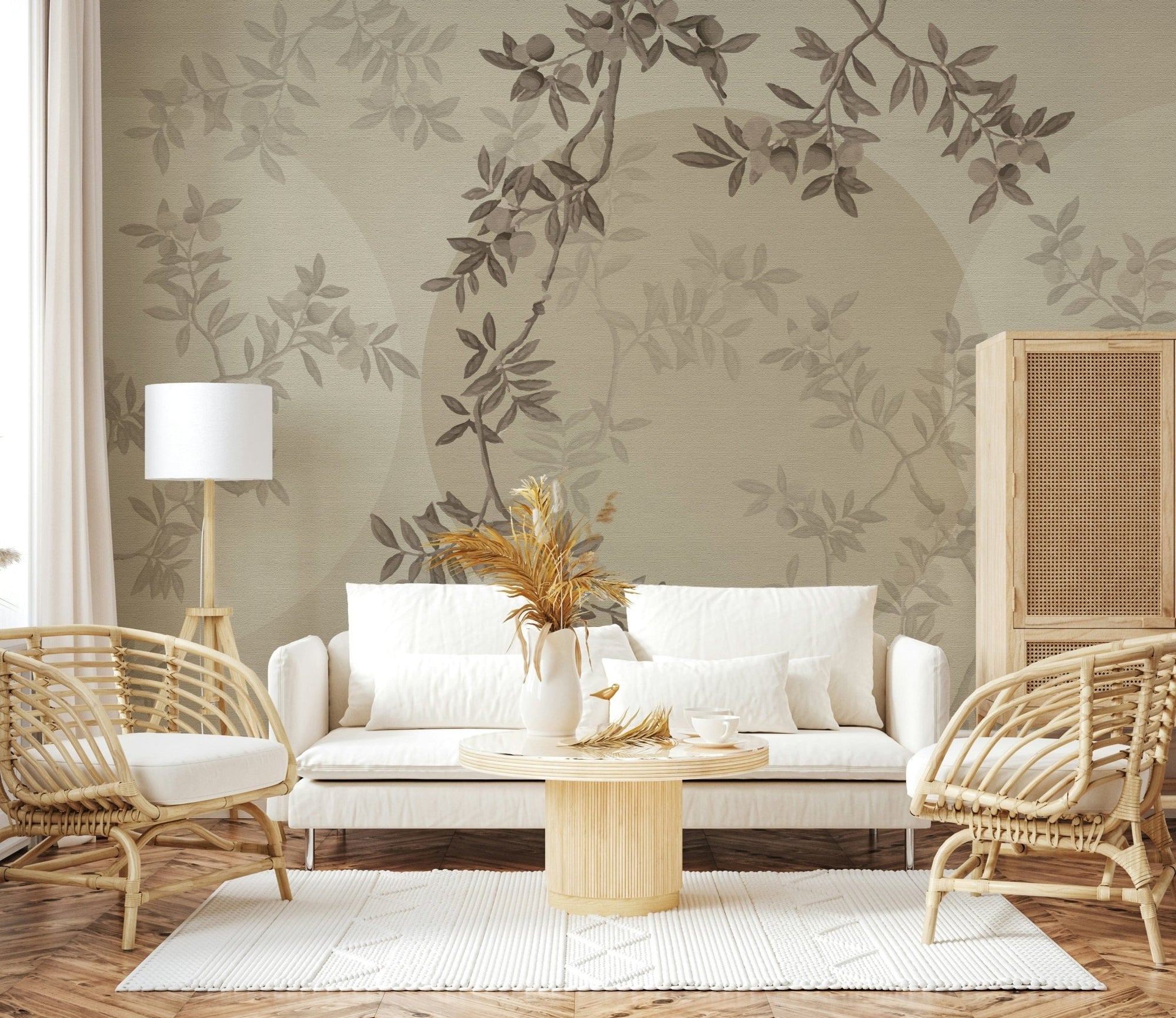 Minimalist bedroom featuring a soft Olive Branch Serenity wallpaper., GD7602