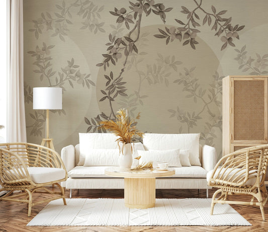 Minimalist bedroom featuring a soft Olive Branch Serenity wallpaper.