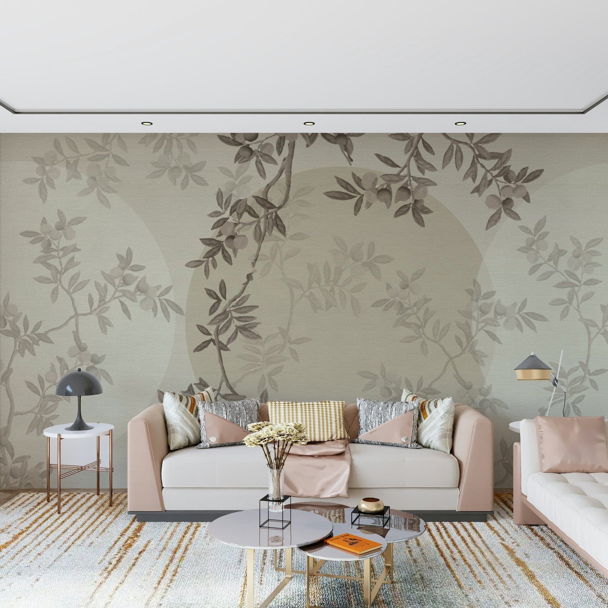 Olive Branch Serenity wall mural showcasing botanical art in a lounge.
