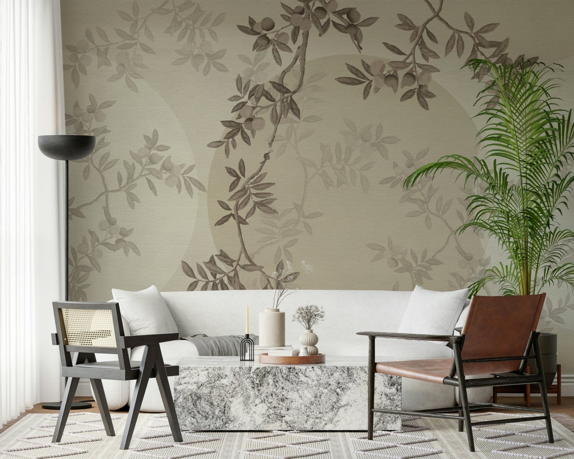 Elegant Olive Branch Serenity wallpaper for a spa-like bathroom.