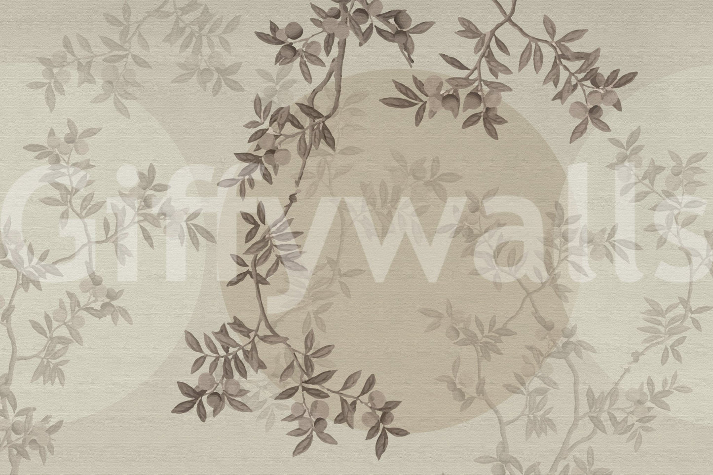 Olive Branch Serenity wall mural with watercolor textures in a hallway.