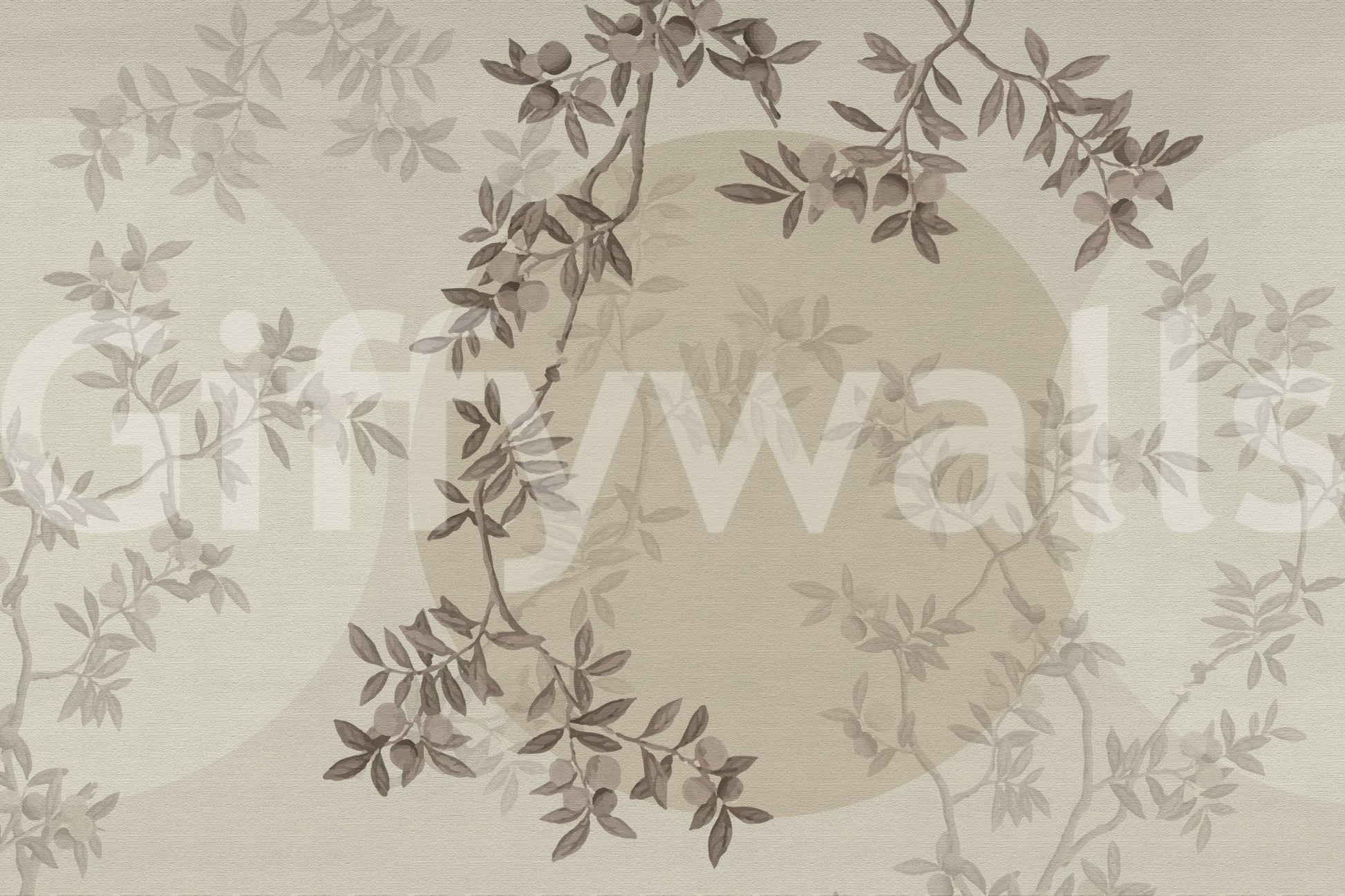 Olive Branch Serenity wall mural with watercolor textures in a hallway.