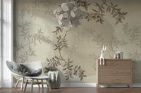 Neutral Olive Branch Serenity wallpaper behind a wooden bed frame.
