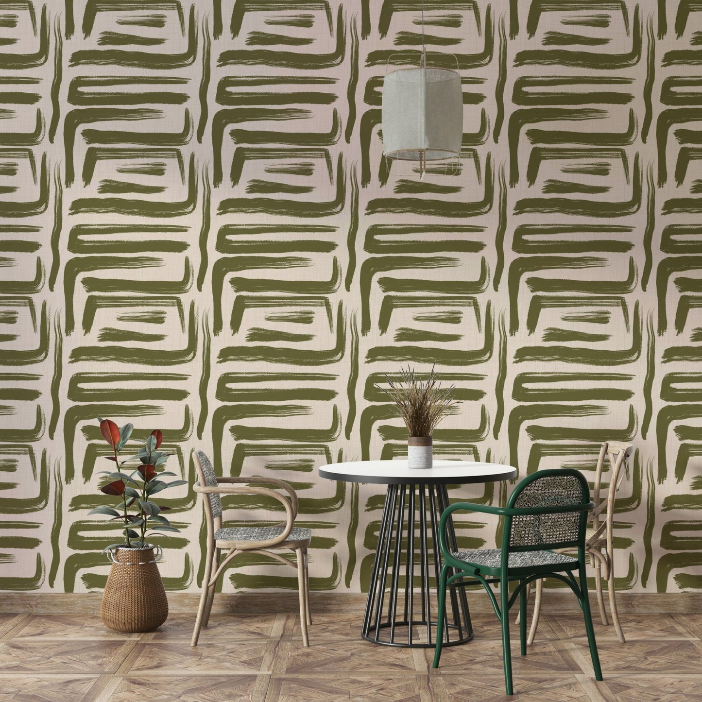 Olive brushstroke mid century wallpaper

