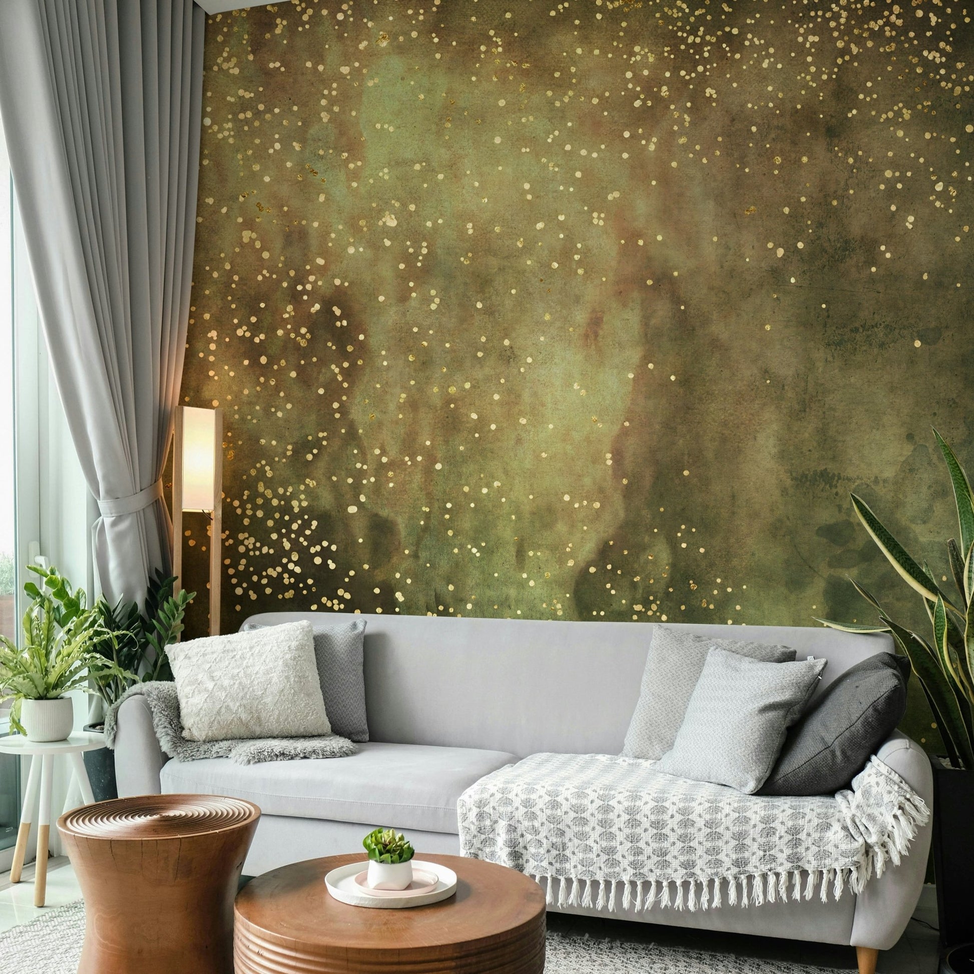 Olive galaxy wall mural with starry night effect

