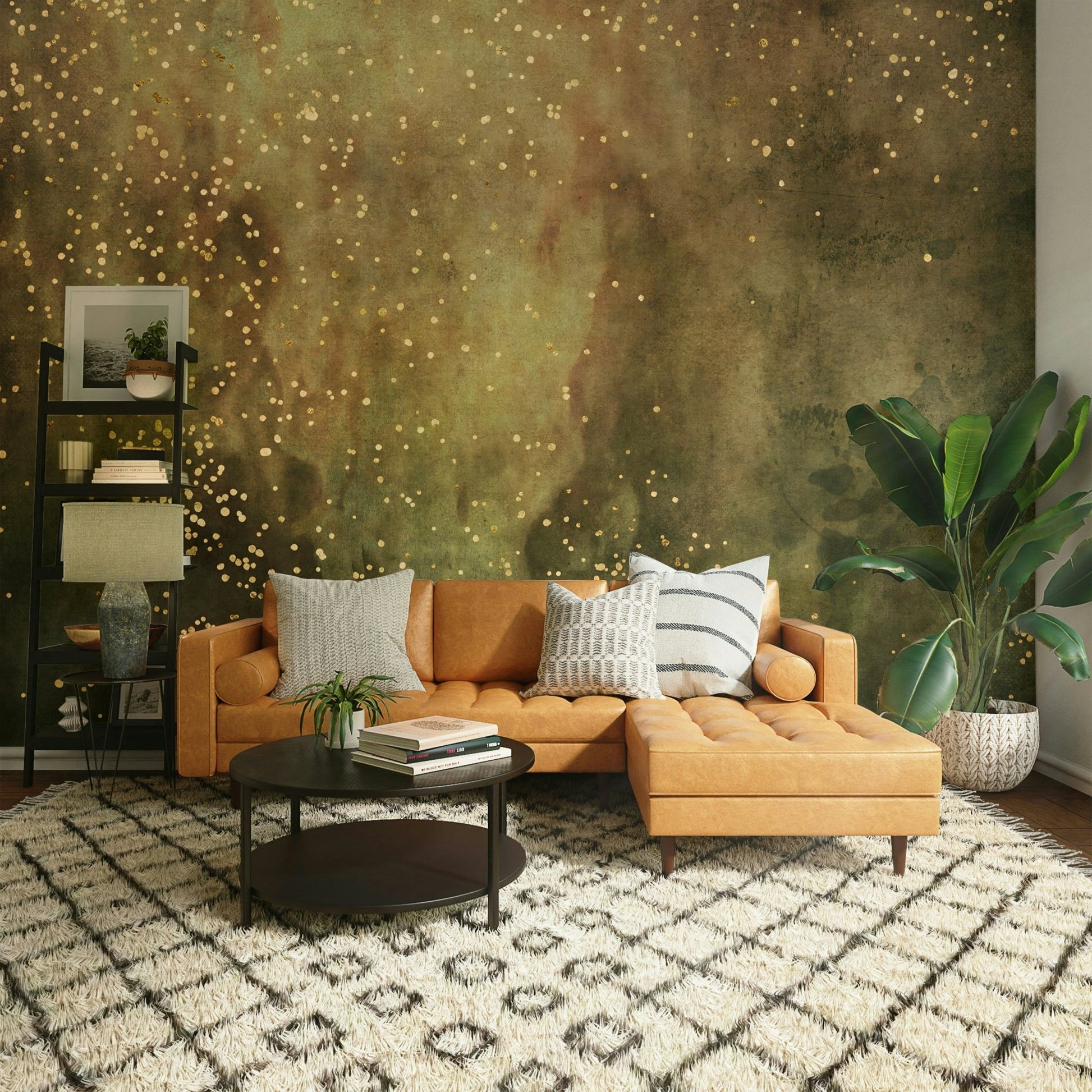 Olive and gold galaxy mural creating a tranquil vibe

