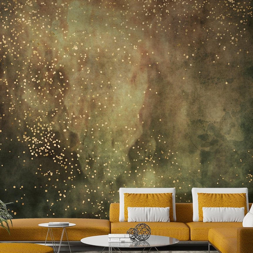 Olive-toned cosmic mural for modern wall decor

