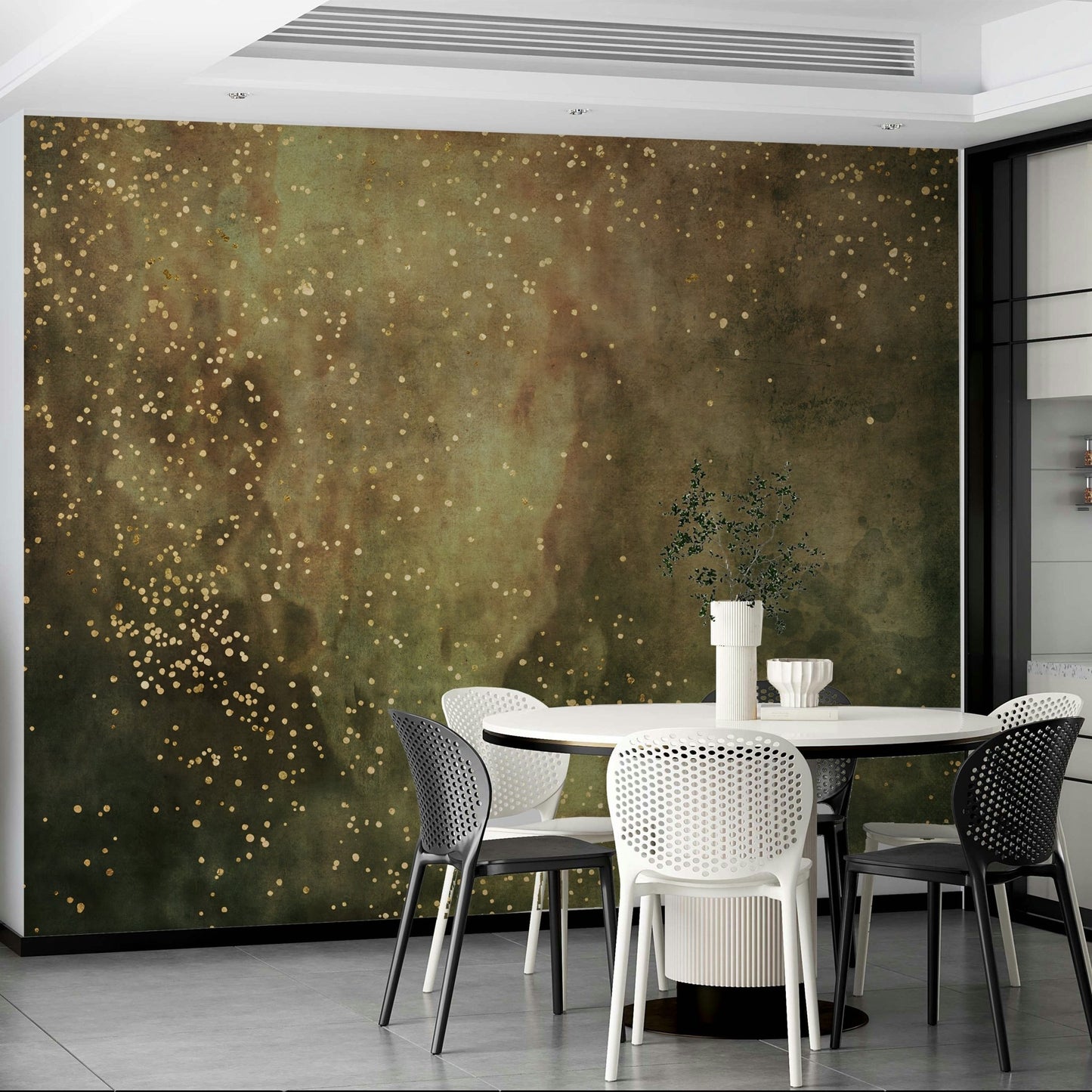 Abstract galaxy mural in olive hues and constellations

