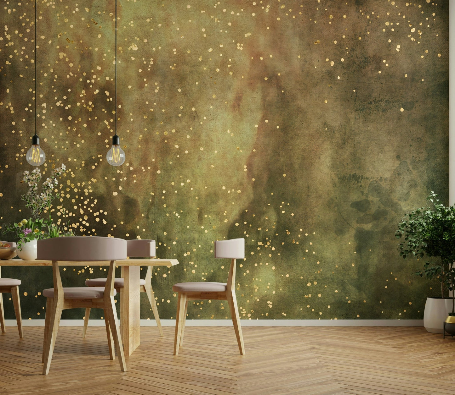 Olive galaxy mural with stars and swirling nebula

