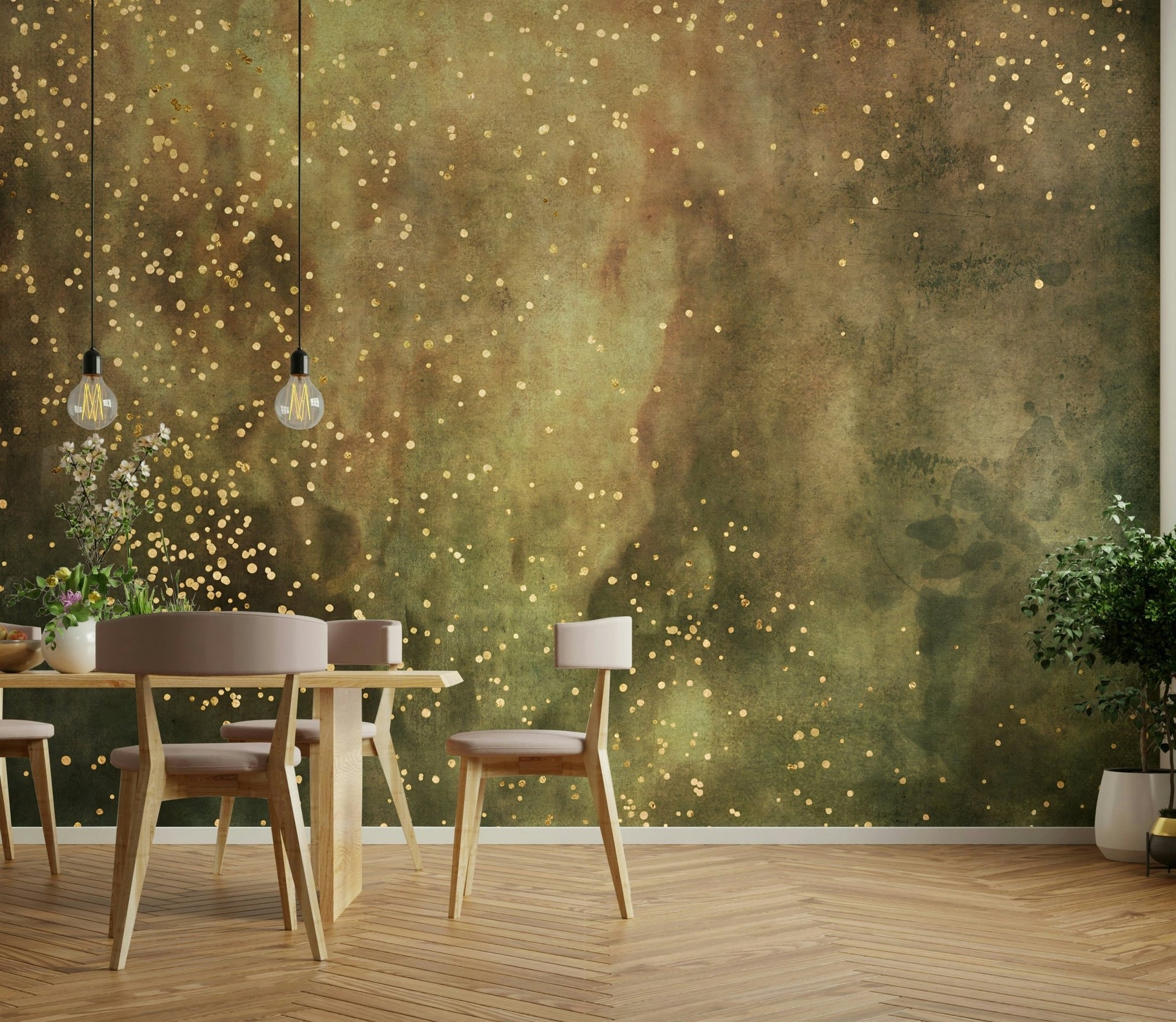 Olive galaxy mural with stars and swirling nebula

