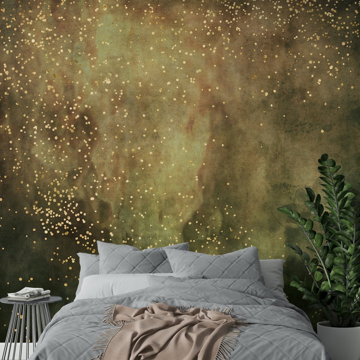 Celestial olive tones in a galaxy-inspired mural design

