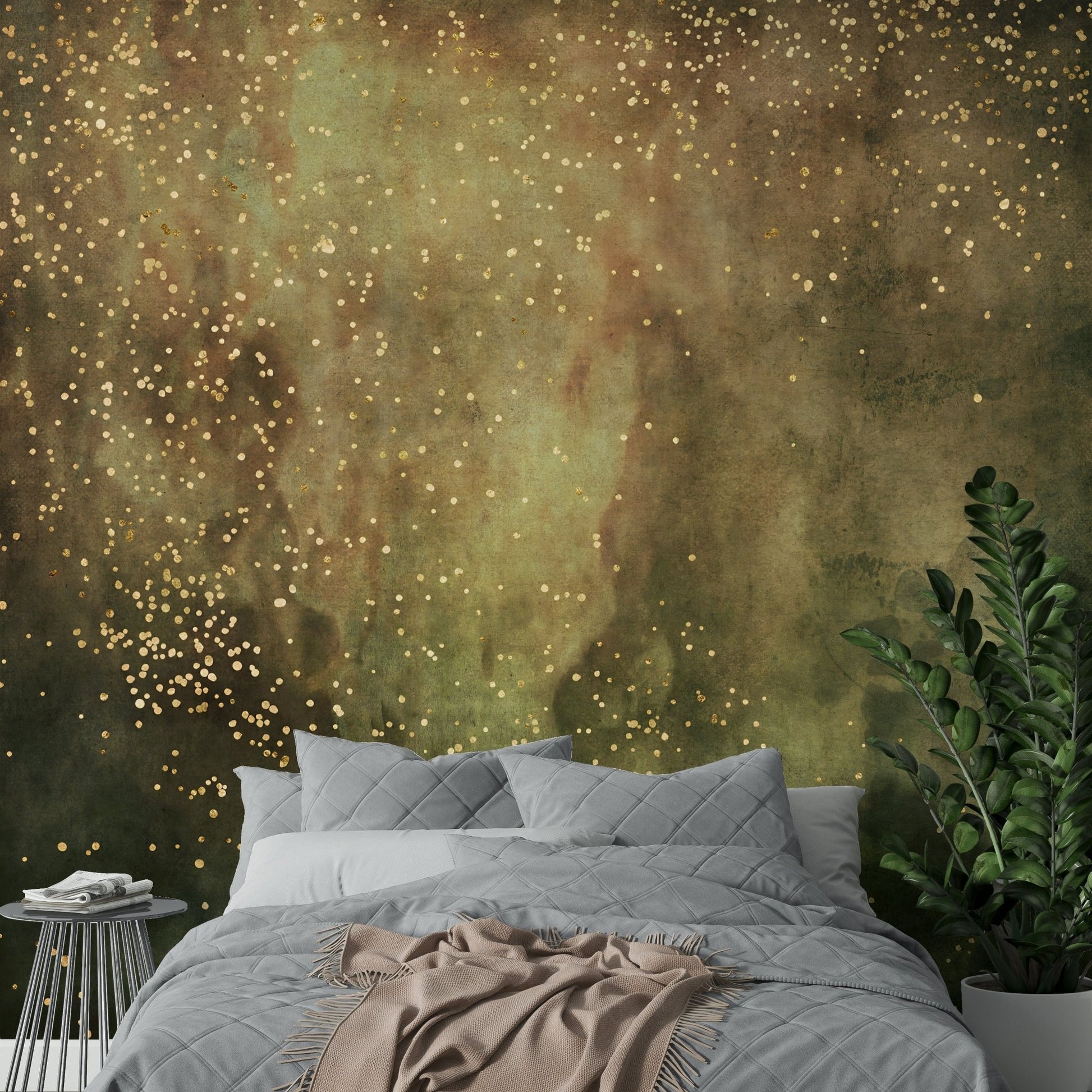 Celestial olive tones in a galaxy-inspired mural design

