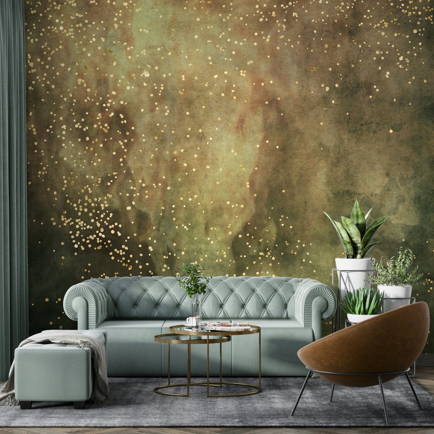 Elegant olive galaxy mural with deep space features

