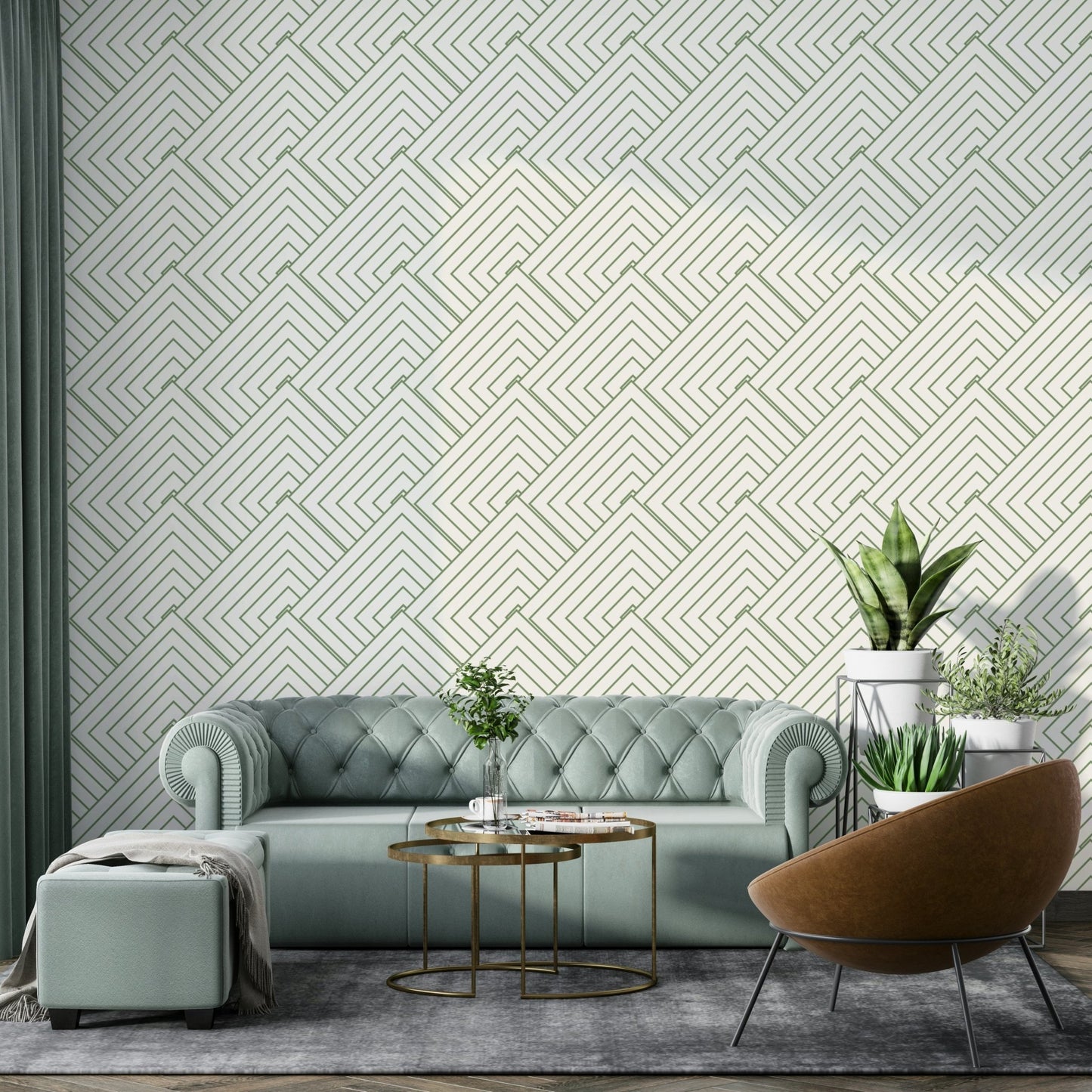 An angled shot of a wall with olive wallpaper

