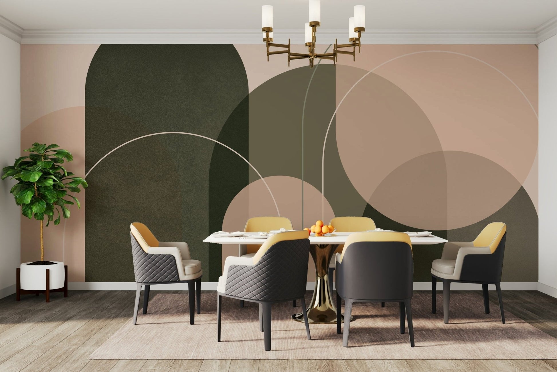 Soft harmony mural with green and peach palette

