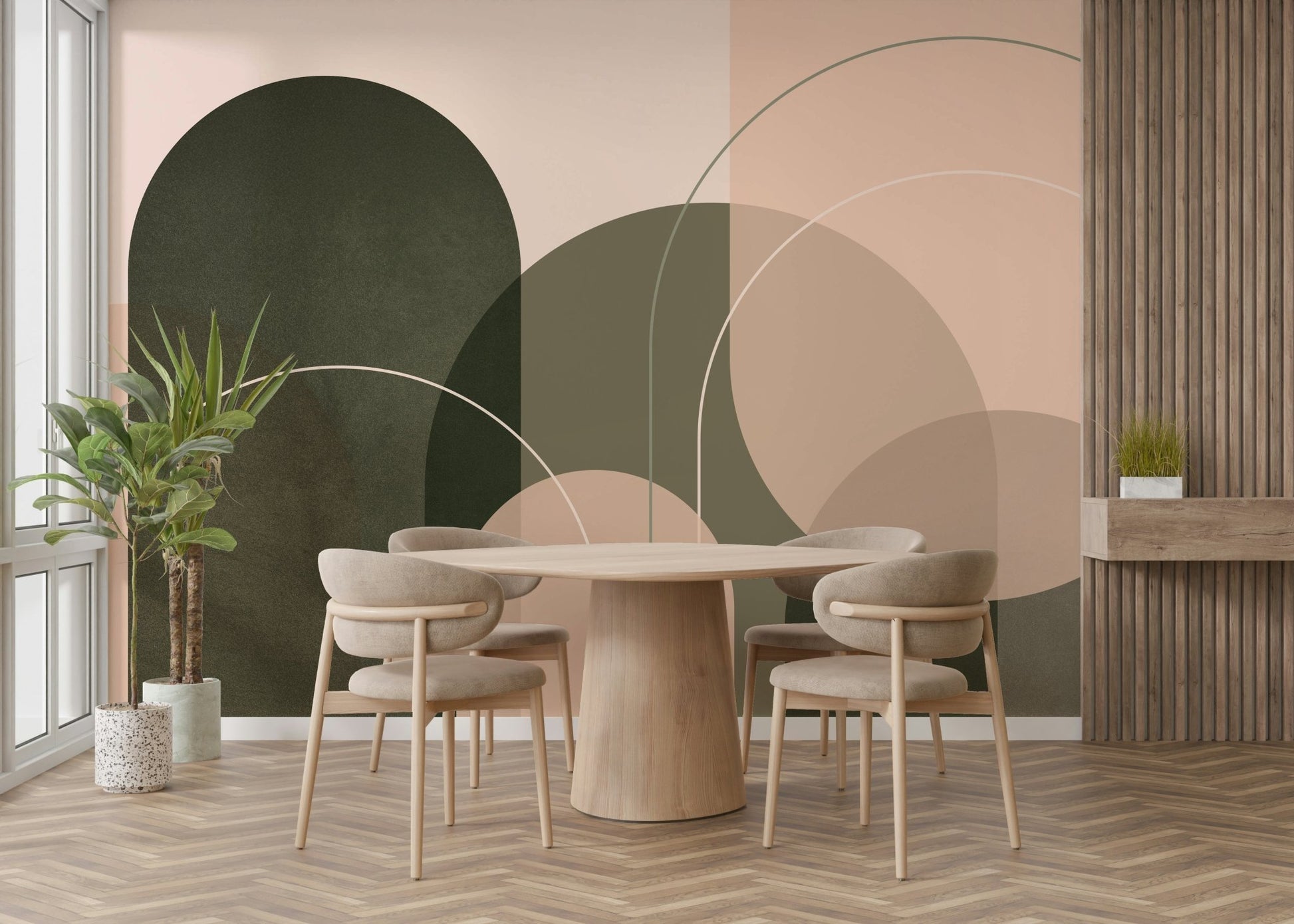 Abstract mural with earthy olive and soft peach hues

