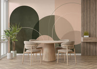 Abstract mural with earthy olive and soft peach hues

