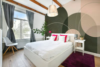 Olive and peach abstract mural for calm interiors

