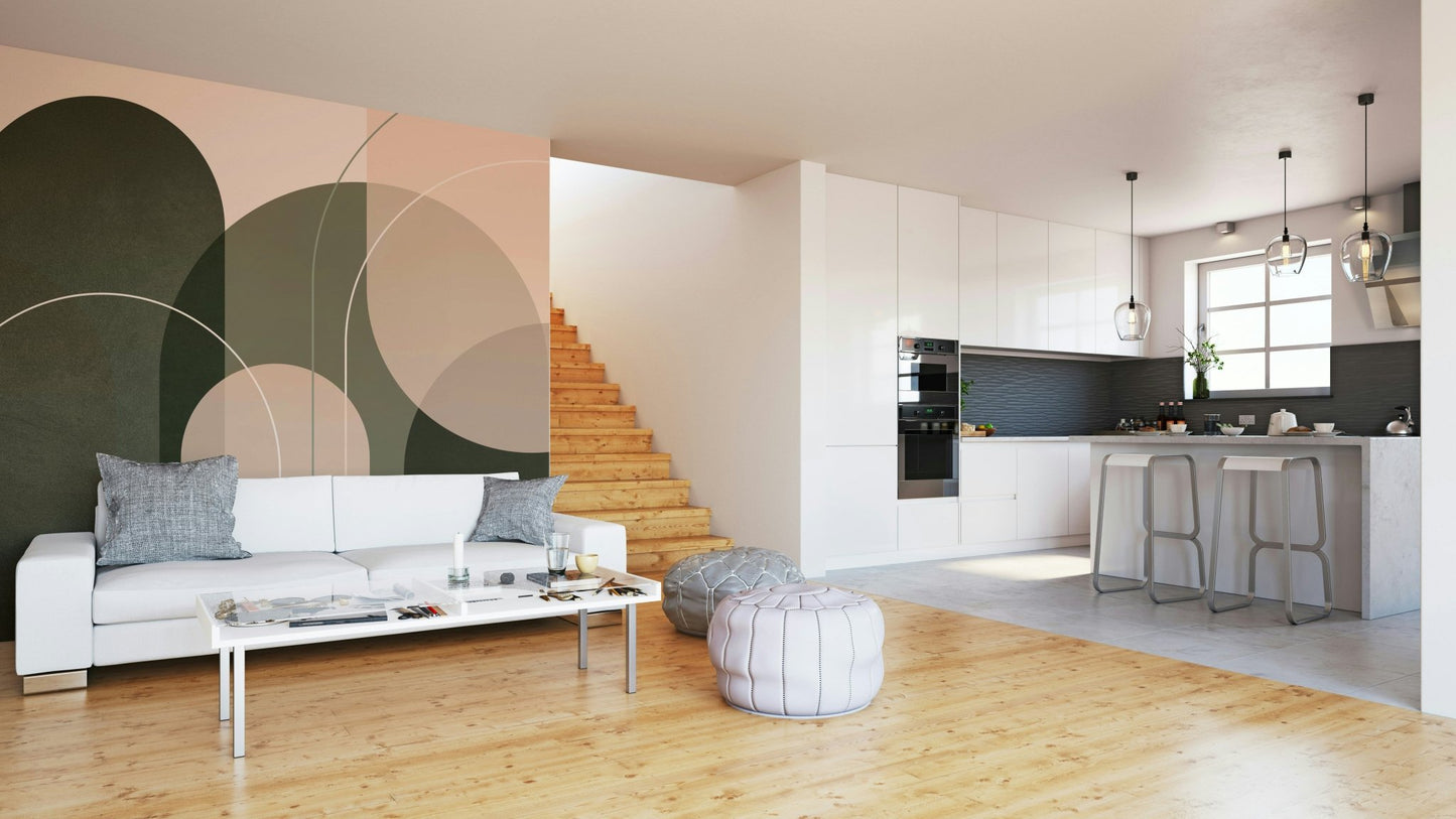 Wall mural with olive green and peach tones

