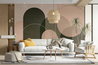 Serene living room with olive and peach wall decor

