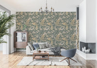 Vintage garden styling marks Olive Green Vintage Peacock Wallpaper