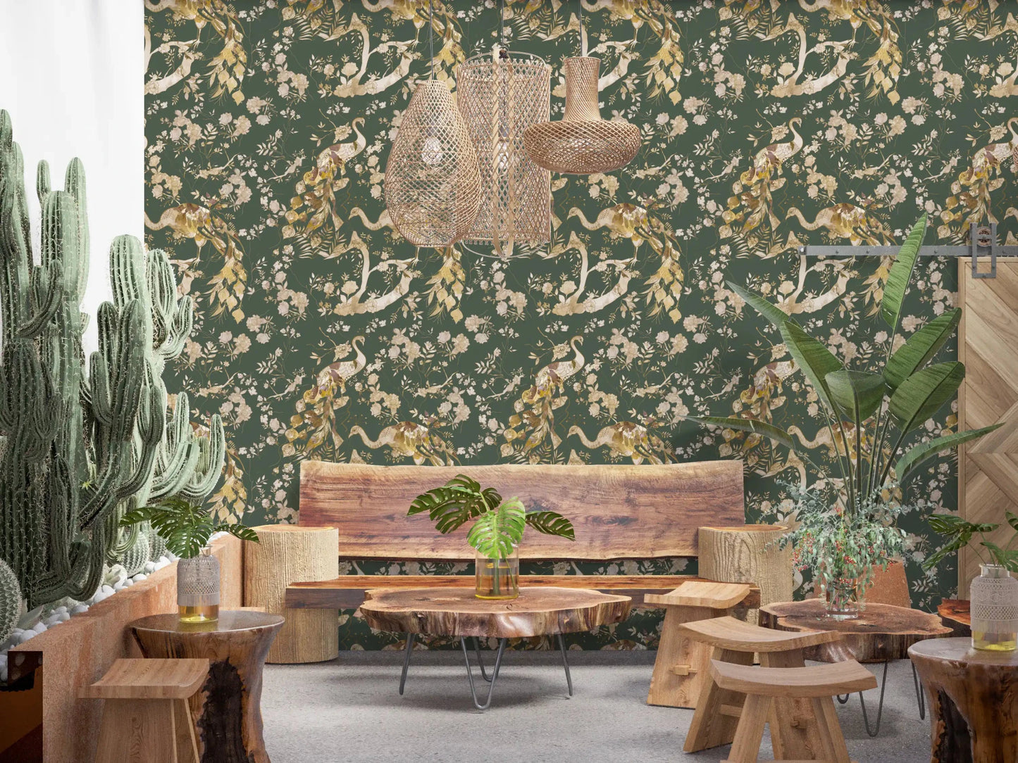 Modern Cafe area wall with Olive Green Vintage Peacock Wallpaper and blossoms