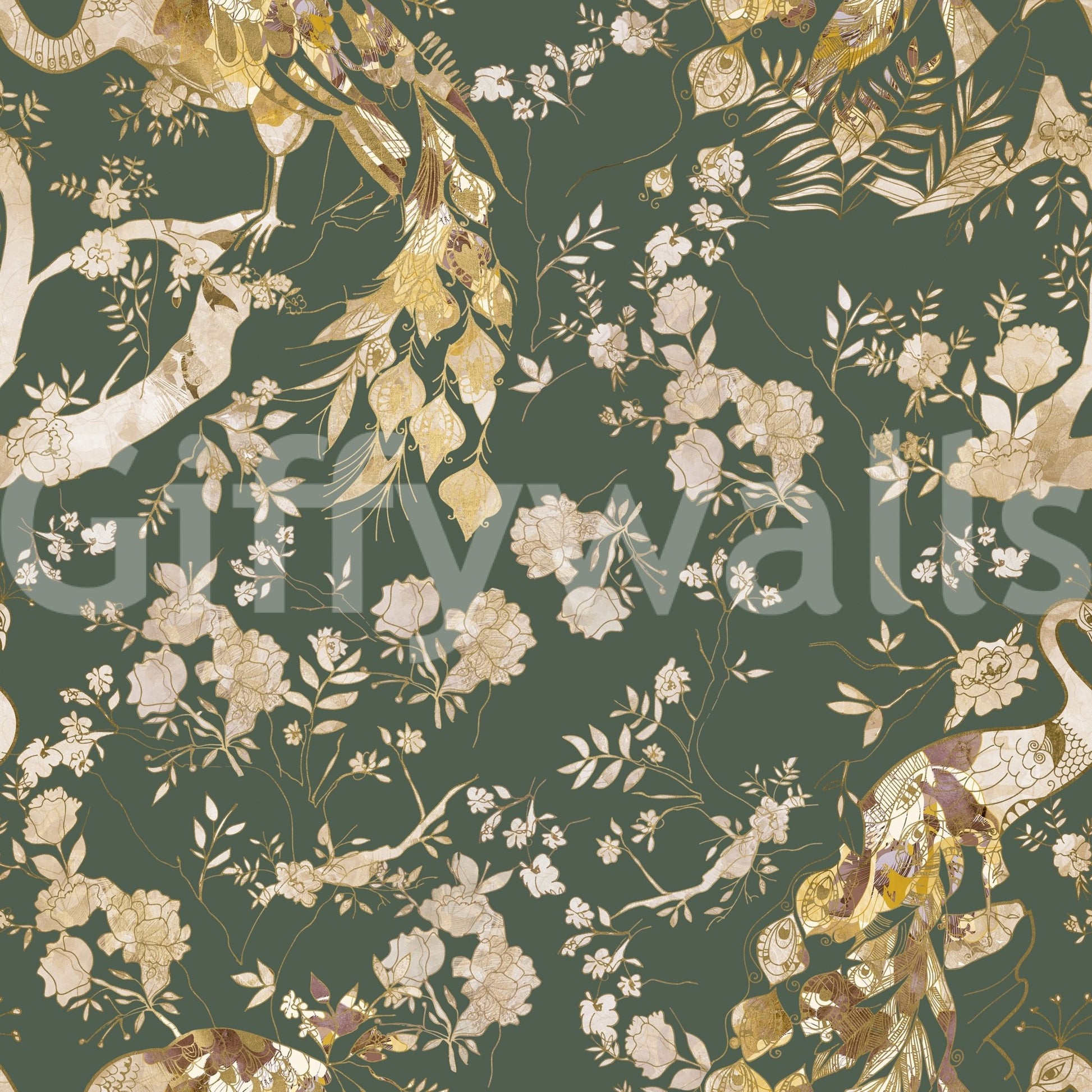 Light blossoms stand out in Olive Green Vintage Peacock Wallpaper