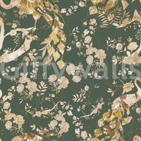 Light blossoms stand out in Olive Green Vintage Peacock Wallpaper
