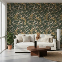 Flowing botanical detail fills Olive Green Vintage Peacock Wallpaper