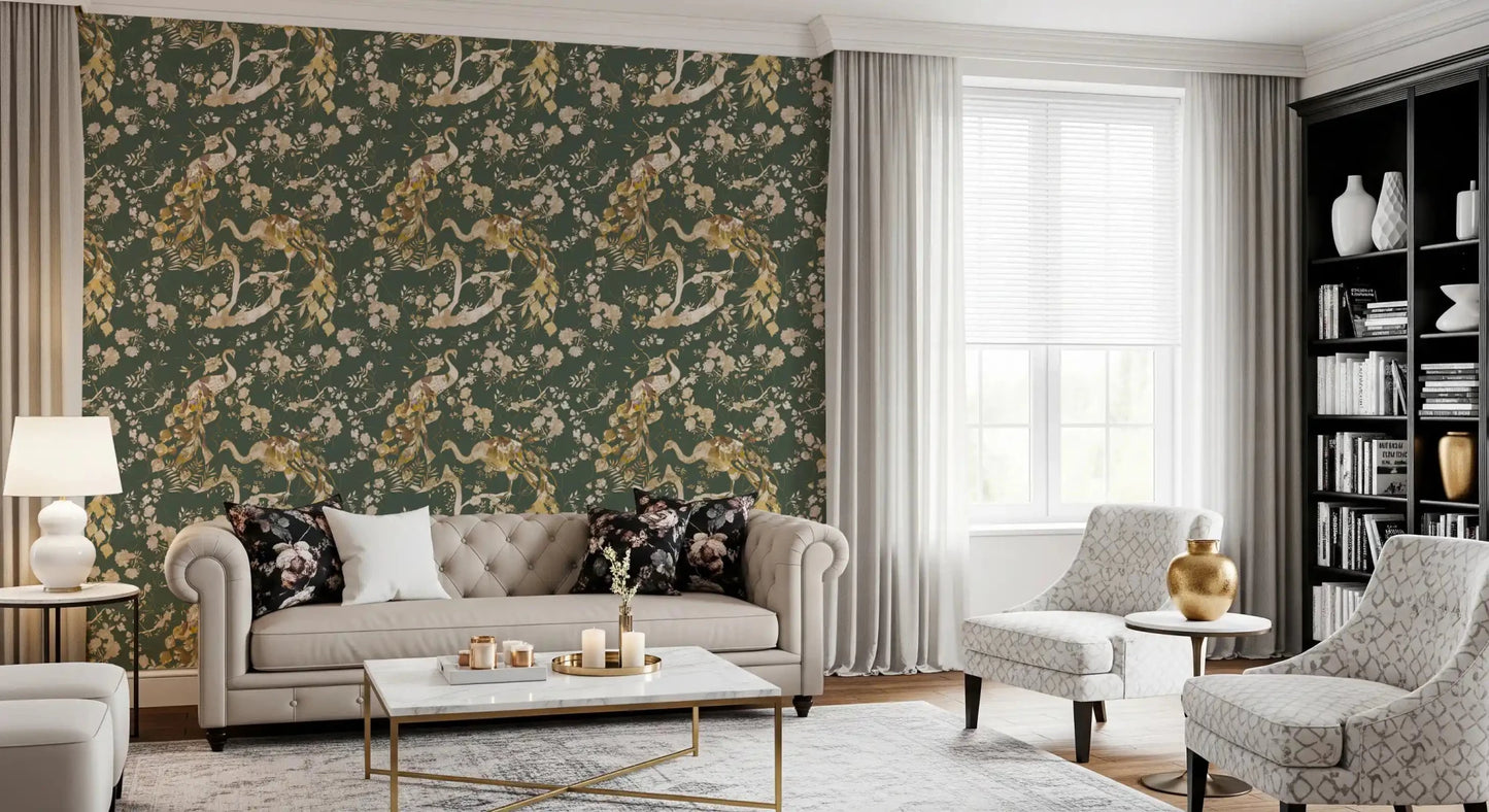 Living room with Olive Green Vintage Peacock Wallpaper and floral detail