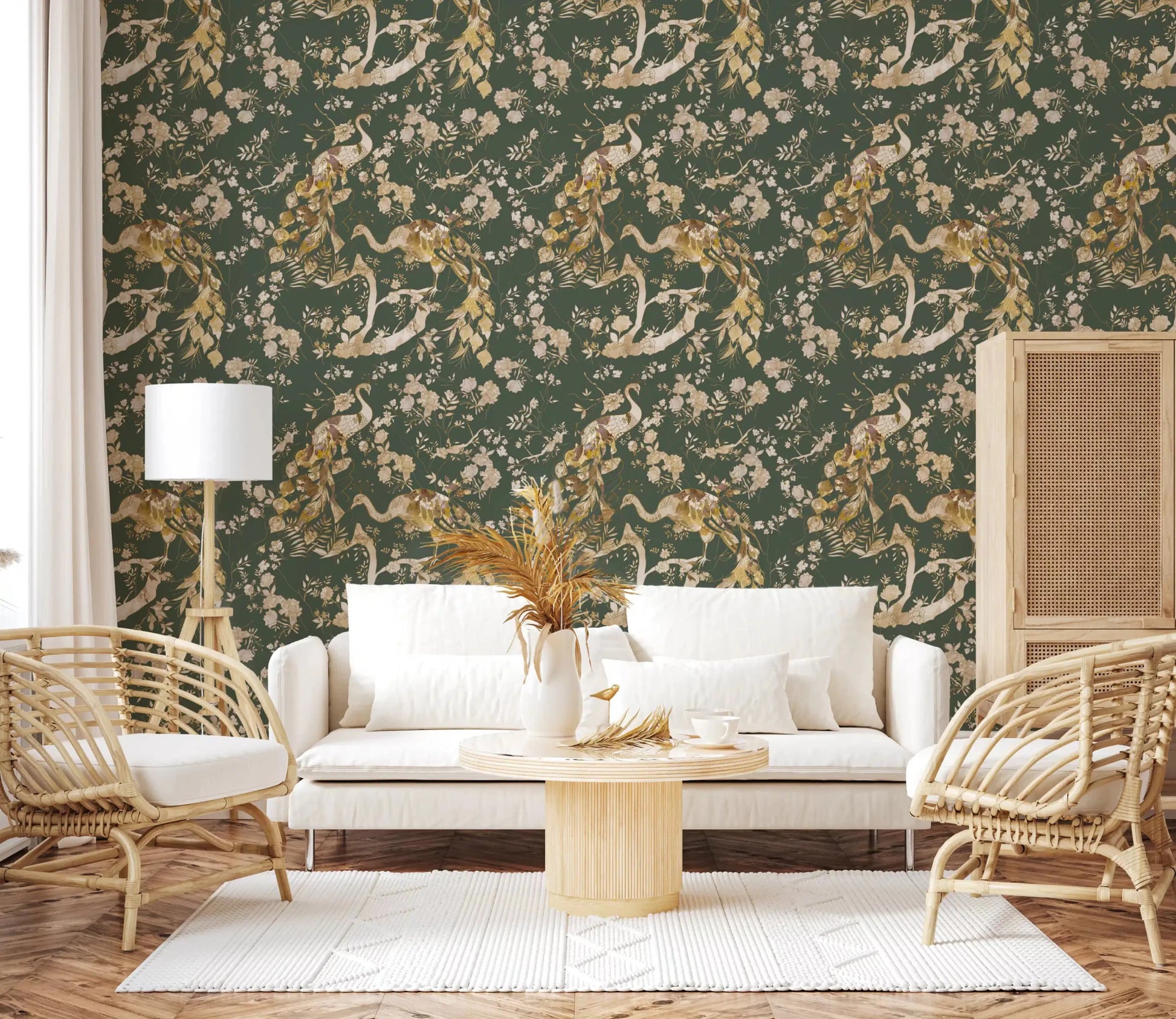 Decorative peacock artwork enriches Olive Green Vintage Peacock Wallpaper