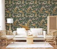 Decorative peacock artwork enriches Olive Green Vintage Peacock Wallpaper