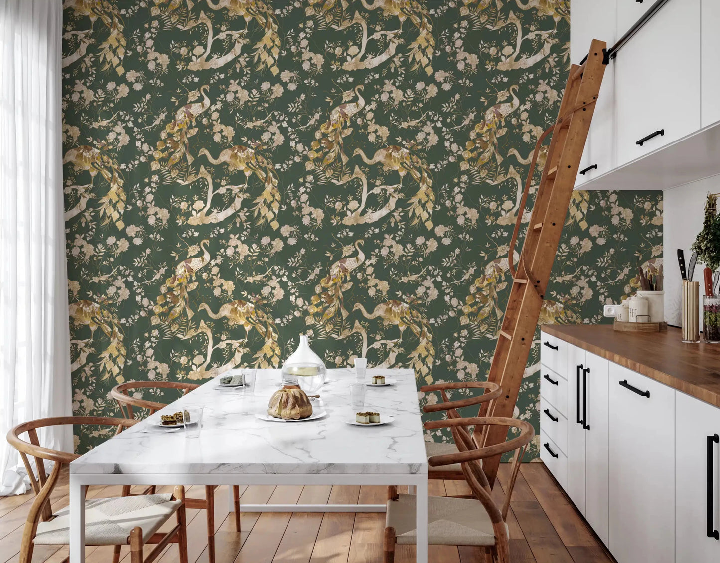 Rich olive tones give Olive Green Vintage Peacock Wallpaper depth