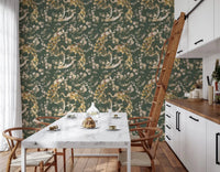 Rich olive tones give Olive Green Vintage Peacock Wallpaper depth