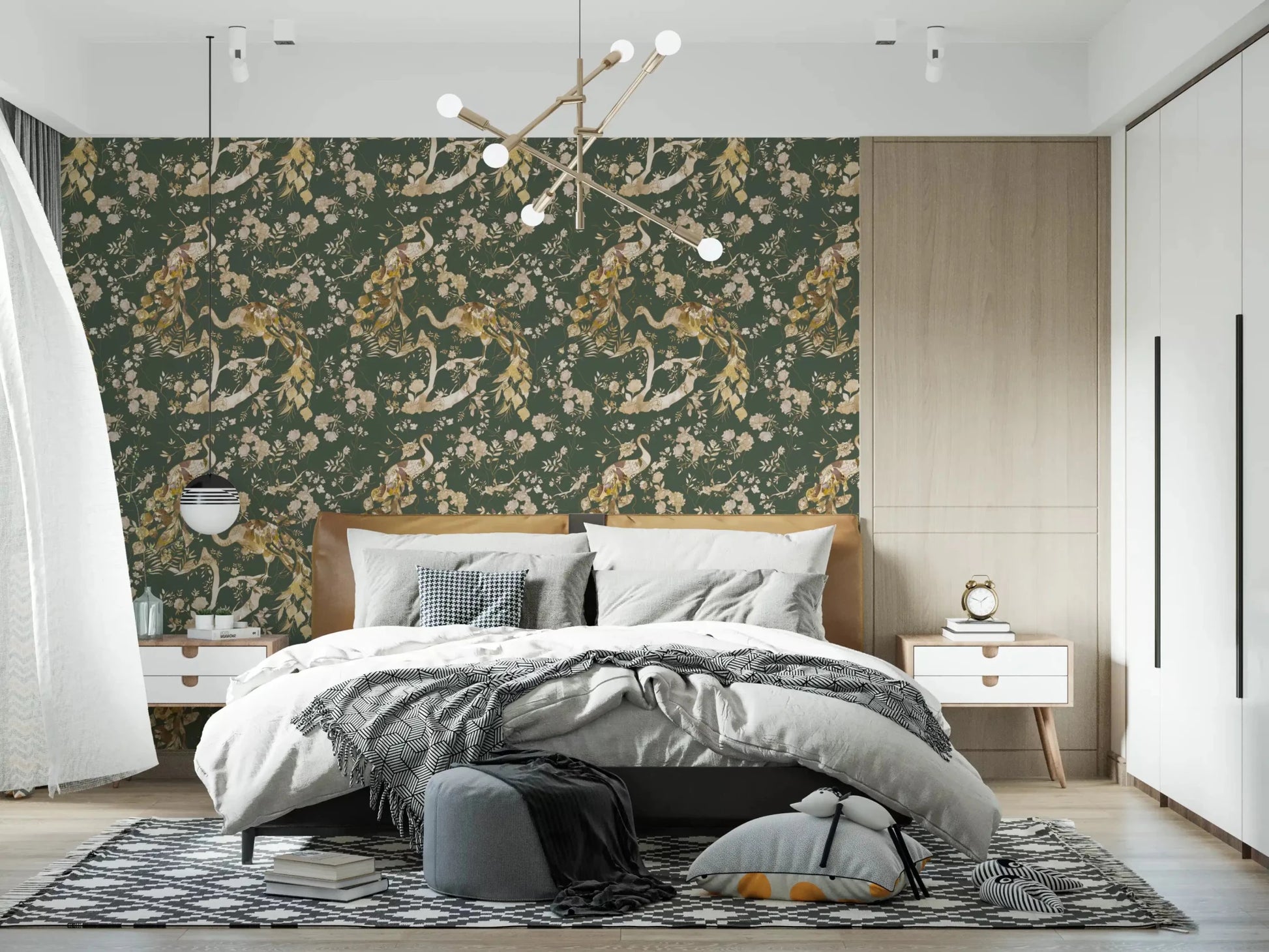 Bedroom styled in Olive Green Vintage Peacock Wallpaper with birds
