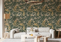 Hallway featuring Olive Green Vintage Peacock Wallpaper on deep olive