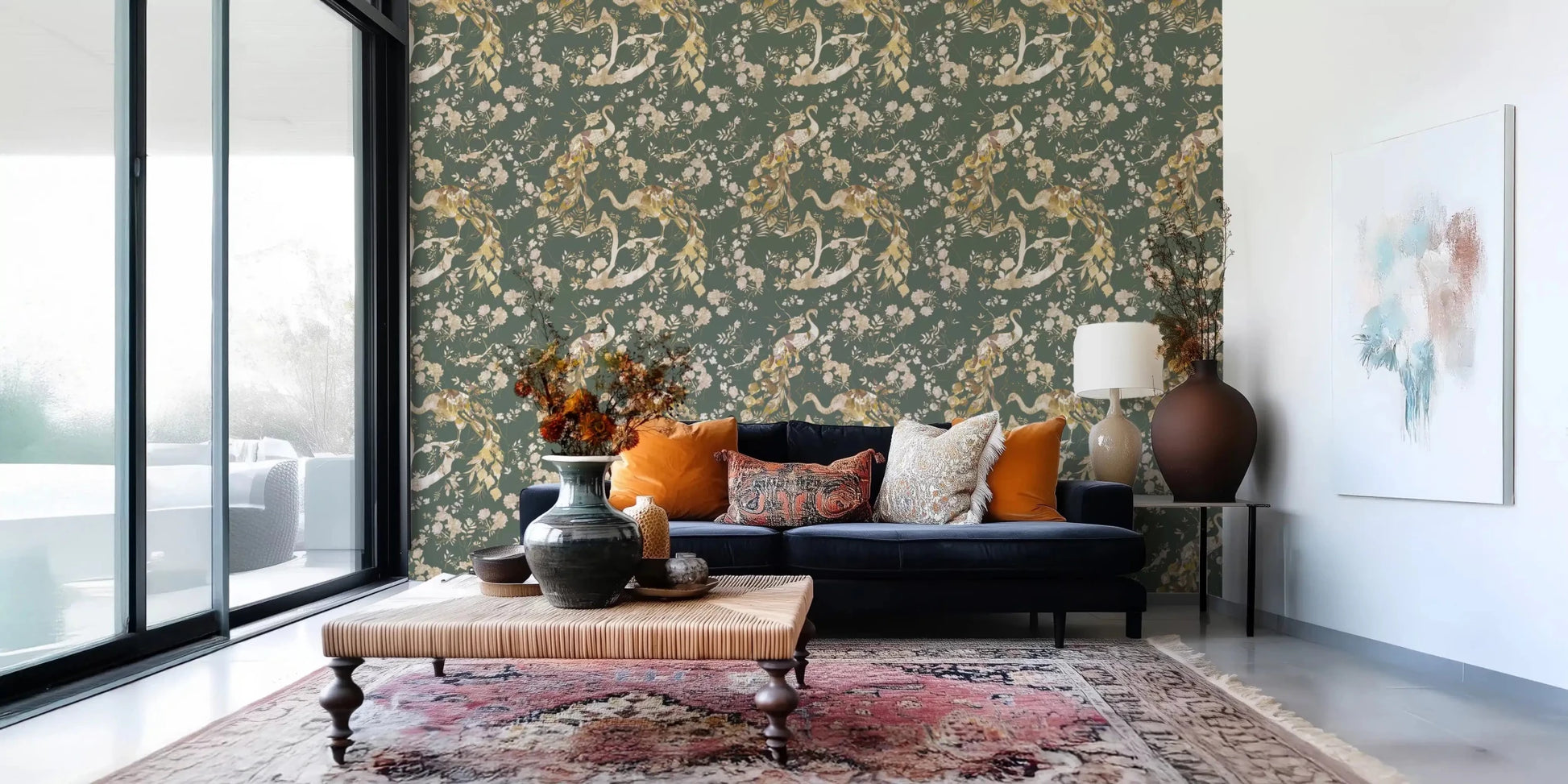 Graceful bird motifs define Olive Green Vintage Peacock Wallpaper